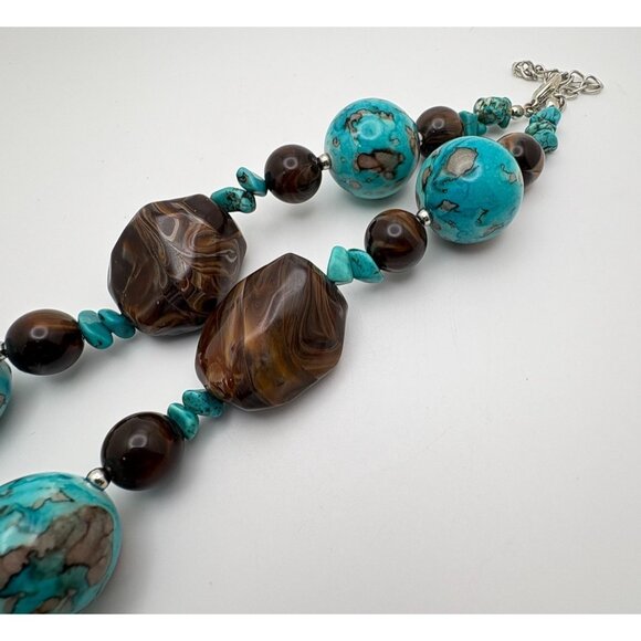 Vintage Chunky Beaded Necklace Faux Turquoise & Brown Earth Tone Boho Statement - Picture 7 of 8